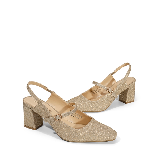 Mary Jane Slingback Chunky Heel Pumps - GOLD GLITTER - 4